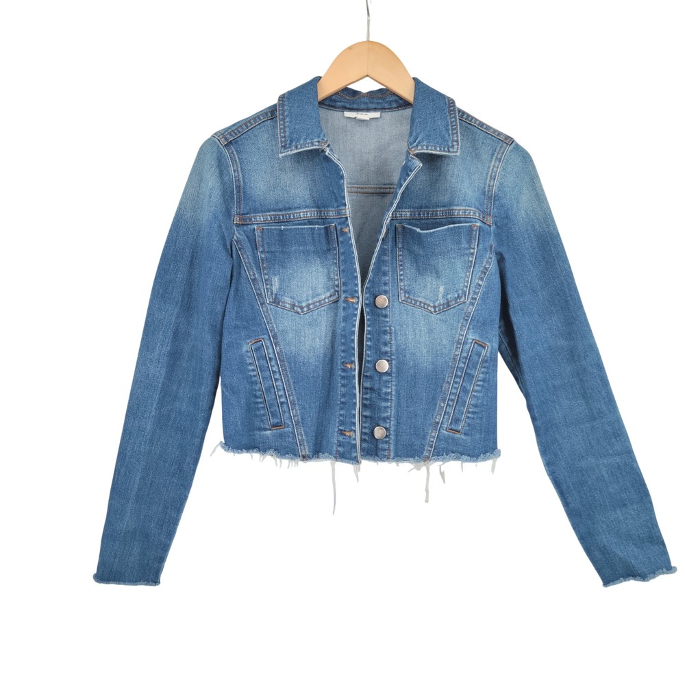 Bar III Denim Jean Jacket Women Small Raw Hem Cropped Trucker Outerwear Concert